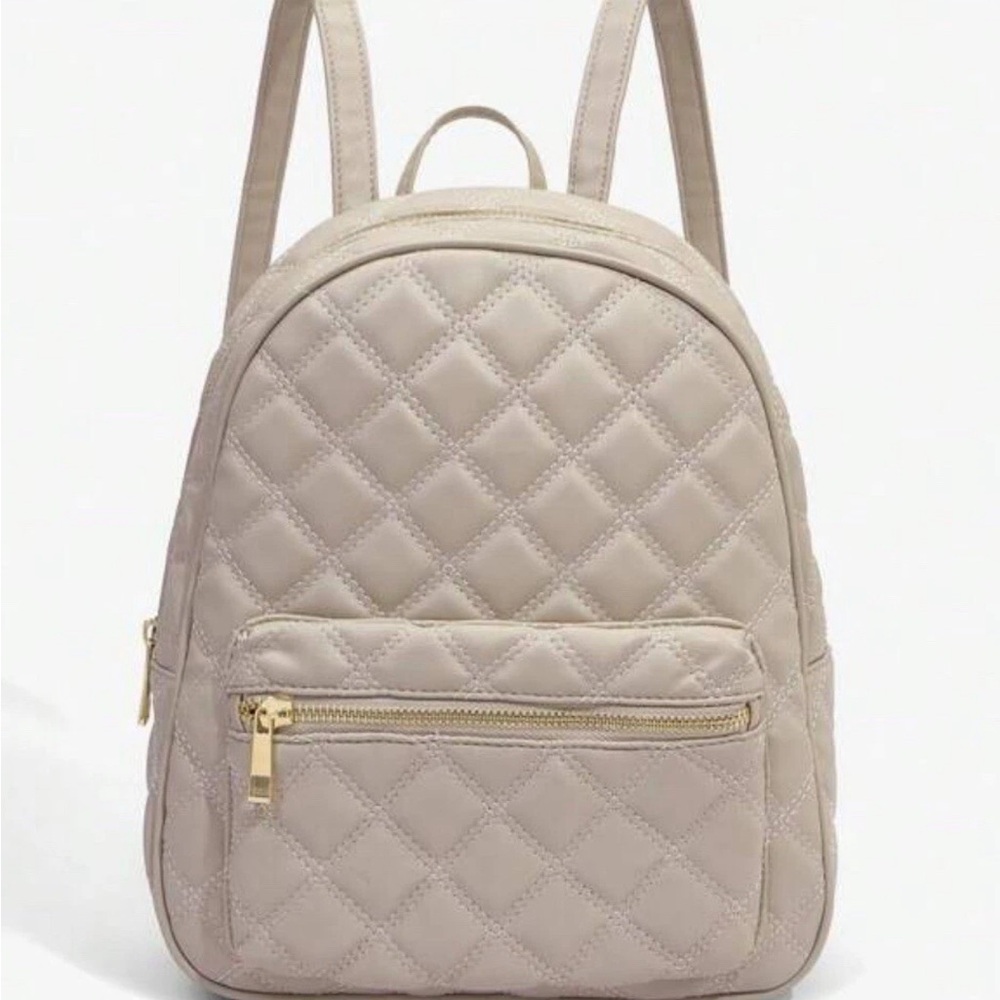 Quilted Leather Backpack Taupe Gold Chain Strap Zip Pocket Chic Bag - Picture 3 of 8